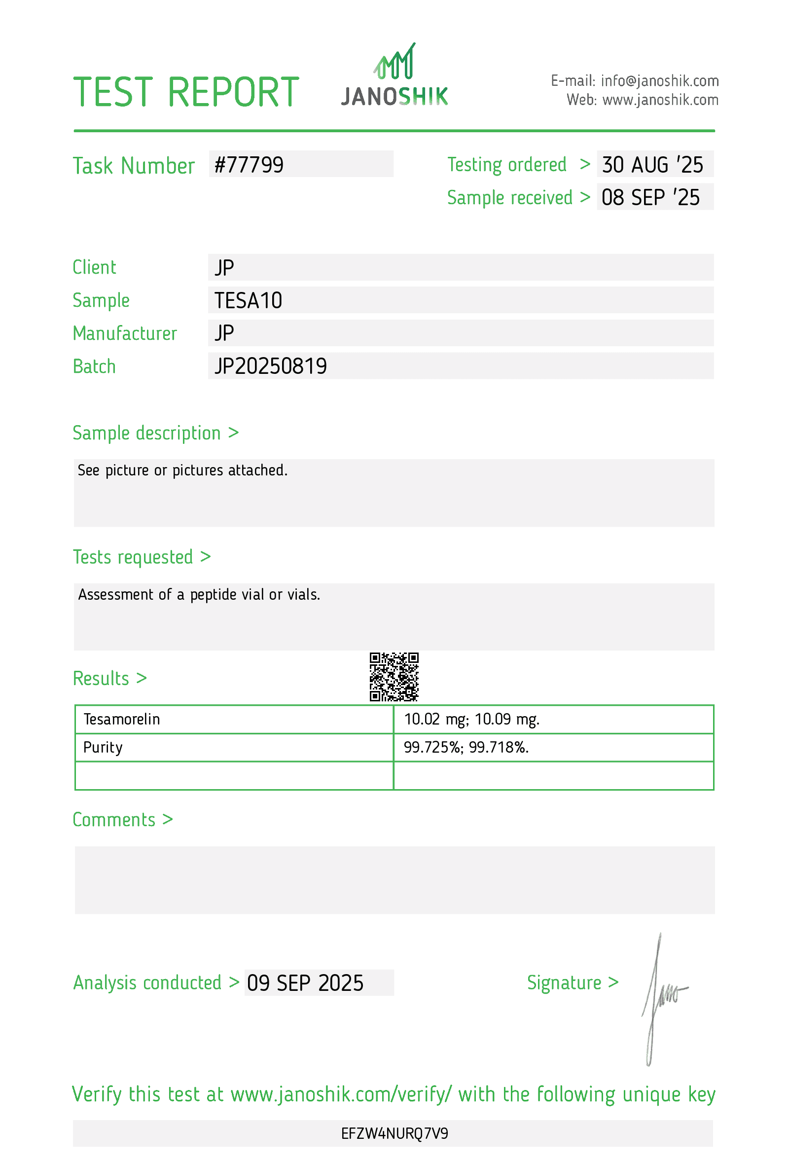 COA Tesamorelin 10mg